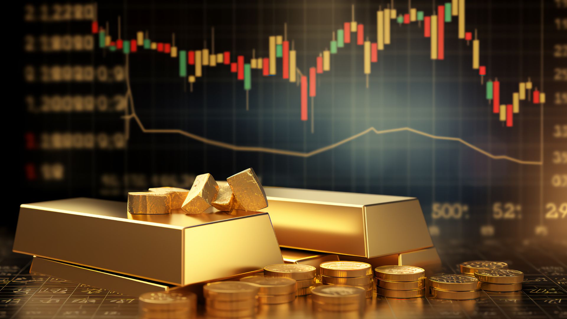 Gold bars and coins placed in front of a financial market chart with candlestick patterns