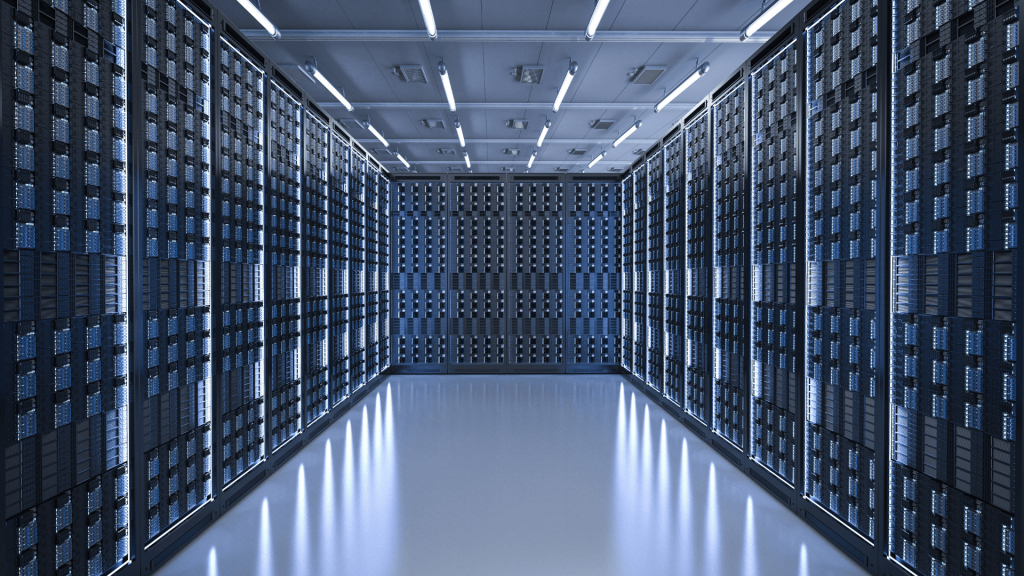 Modern data center with rows of illuminated server racks and advanced cooling system.