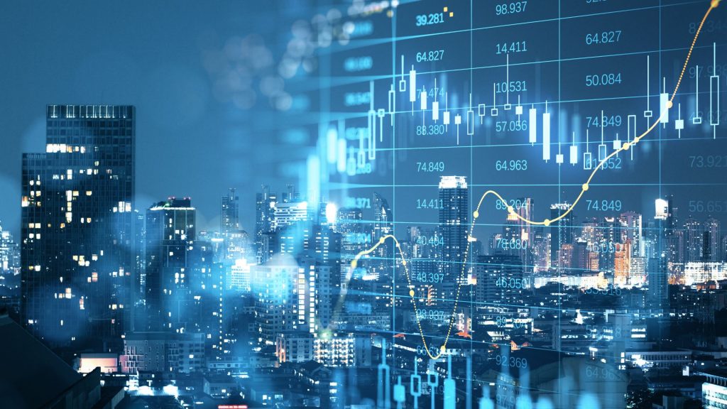 Futuristic cityscape with overlaid financial graphs and charts representing market trends and trading insights