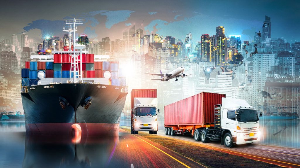 Global logistics concept featuring cargo ship, freight trucks, and airplane transporting shipping containers across cityscape.