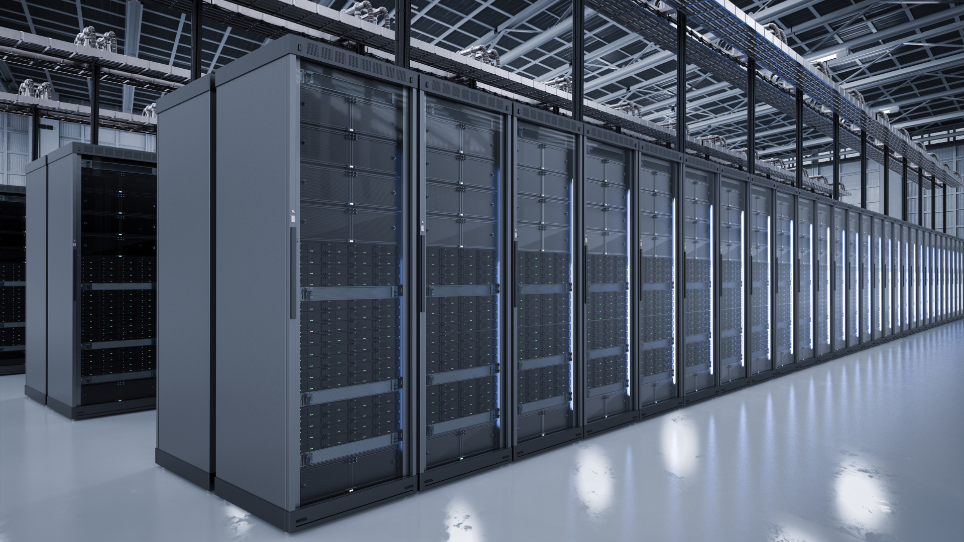 Modern data center with rows of high-density server racks in a clean, climate-controlled facility.