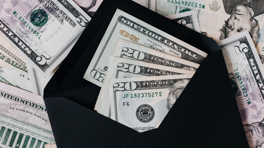 Set of black opened envelope and usd