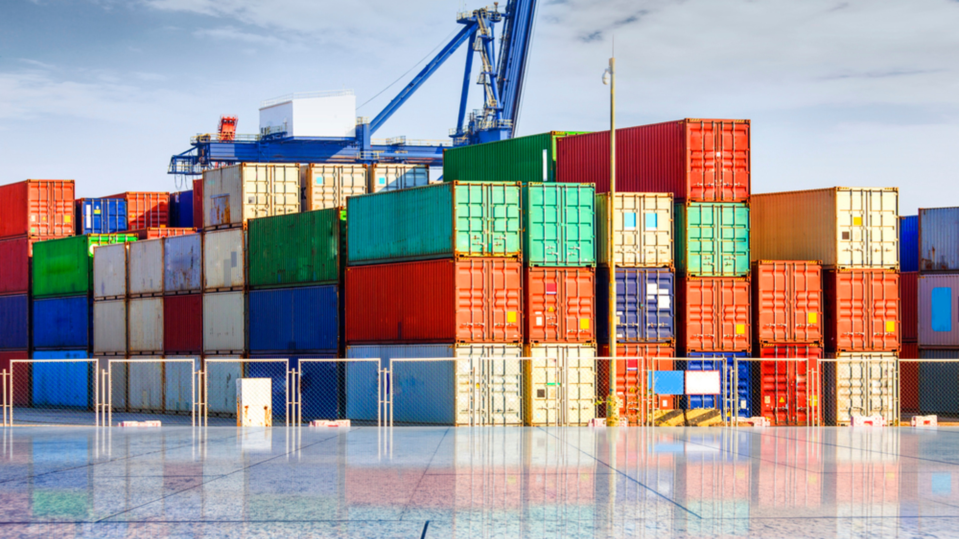 Shipping containers stacked at a port terminal with cranes in the background