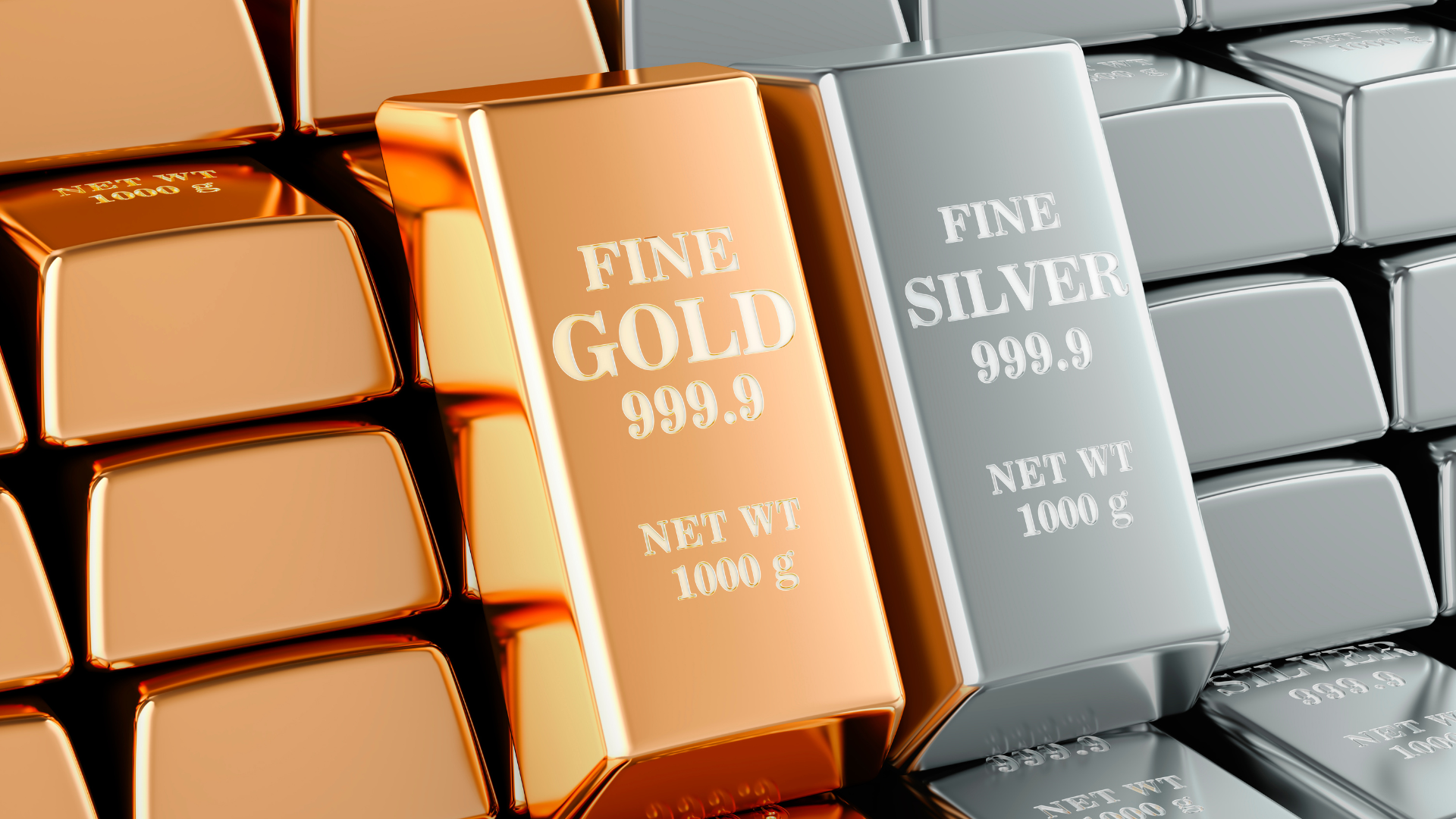 Backdrop from gold and silver ingots, 3D rendering