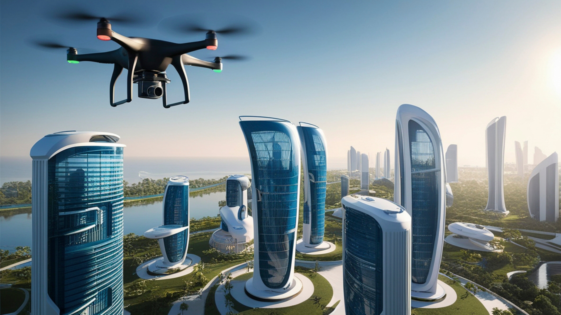Drone Flying Over Futuristic Cityscape