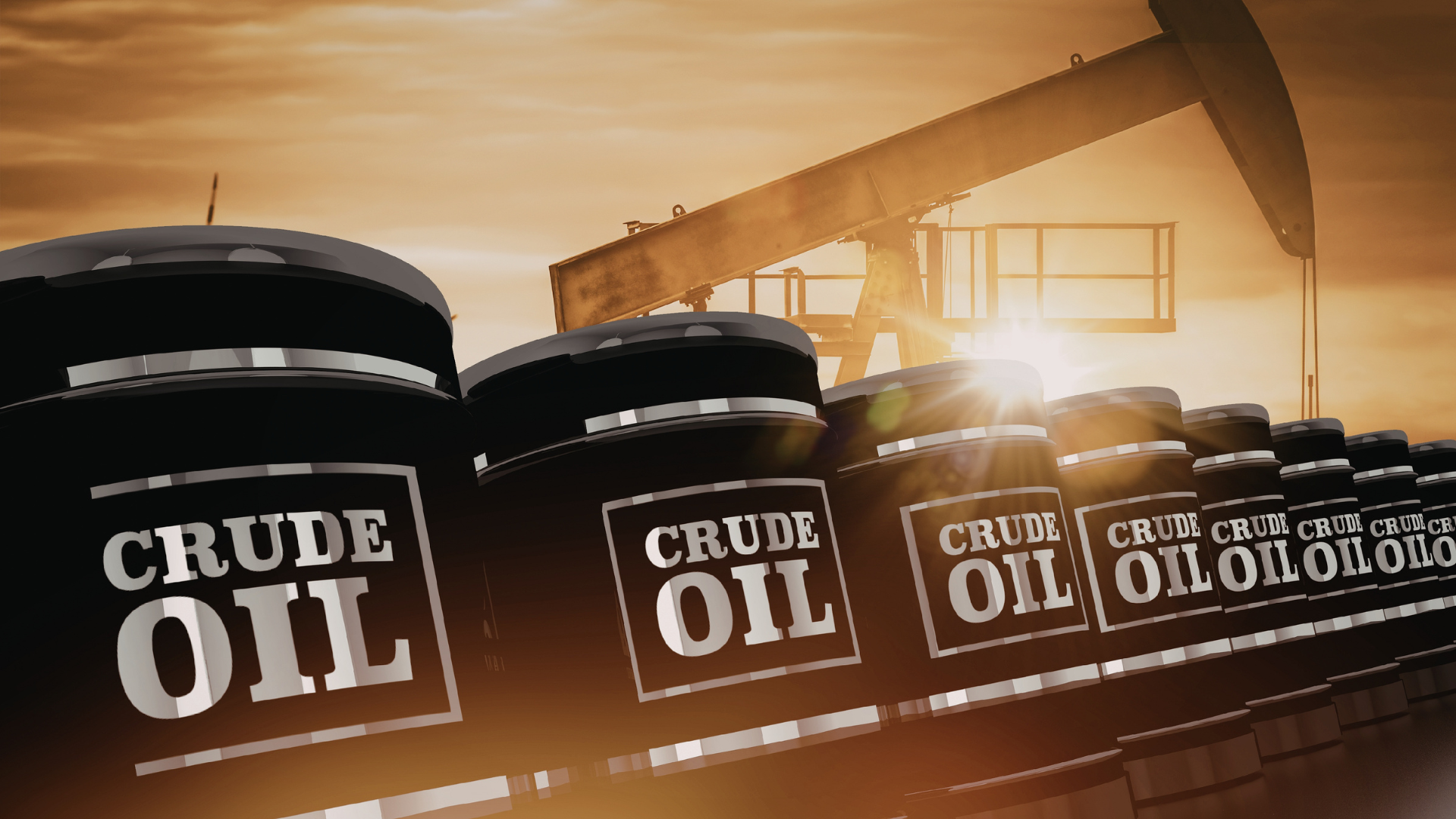 Crude oil barrels at sunset