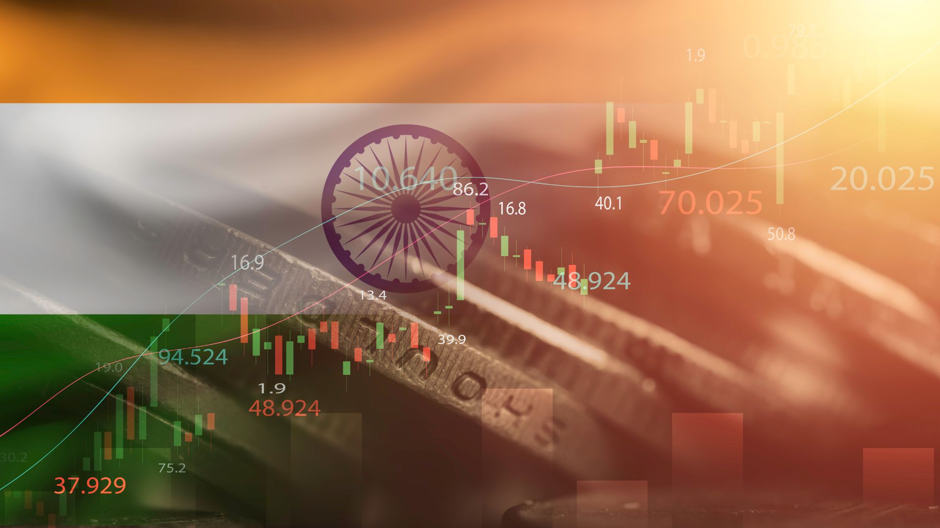 Indian flag overlaying a financial market chart with candlestick graphs and numerical indicators on a coin background