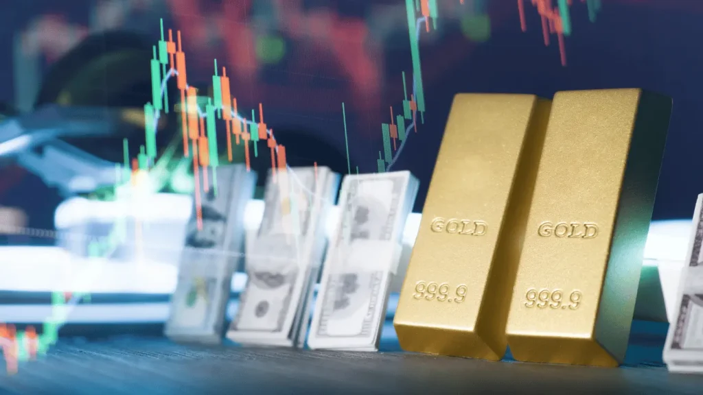 Gold Bullion Bars and US Dollar Cash on Office Desk