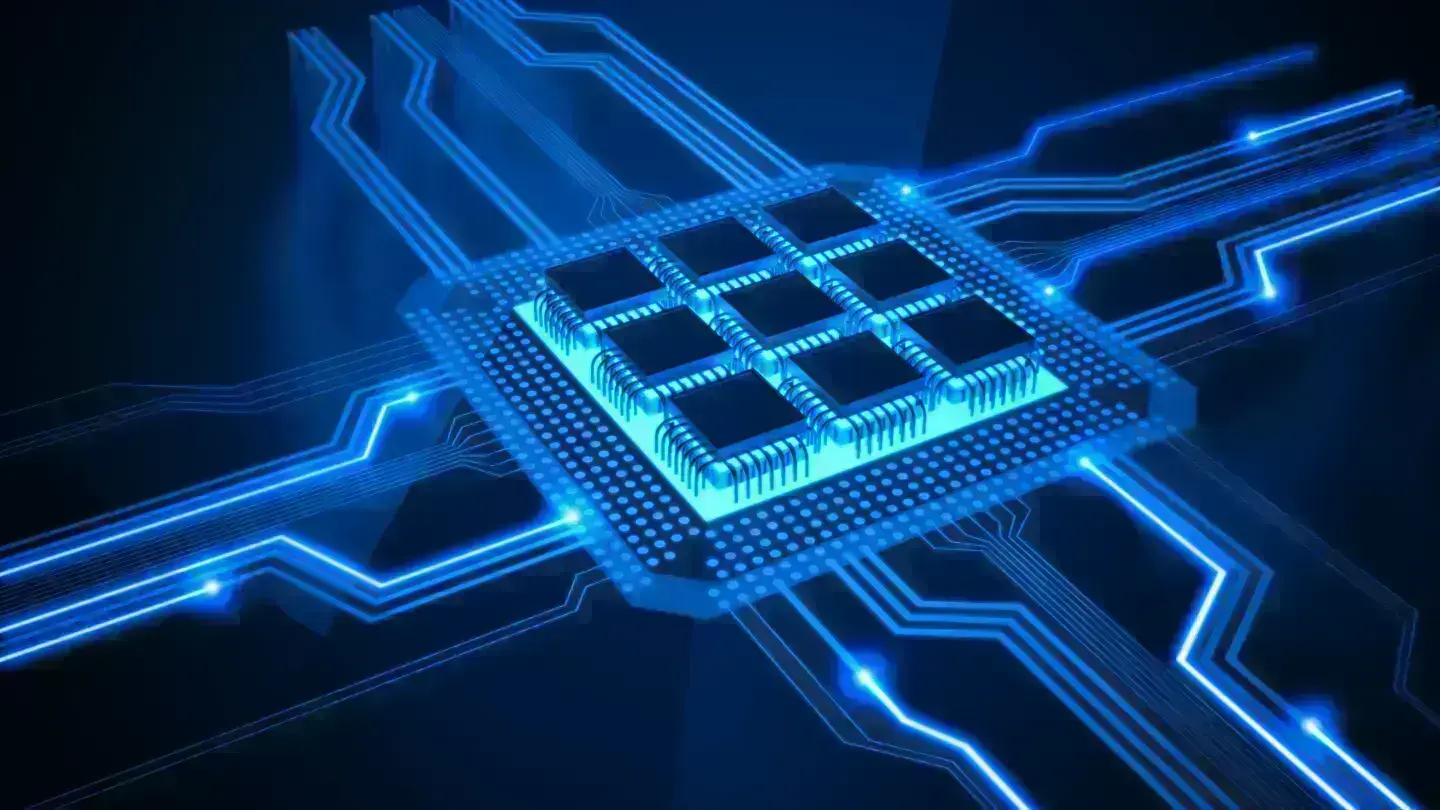 Illustration of a glowing microchip with multiple processors connected by illuminated circuit lines, representing advanced semiconductor and AI technology