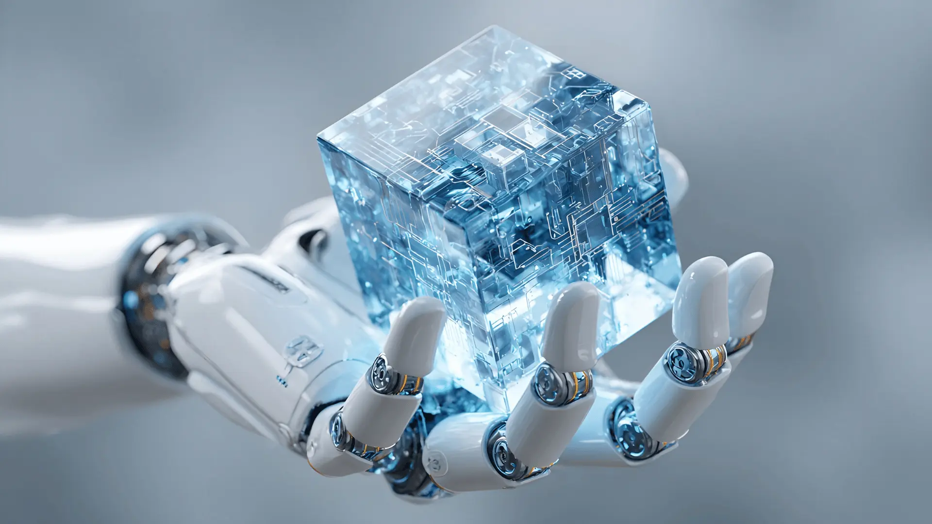 Robotic hands are carefully holding and activating a transparent