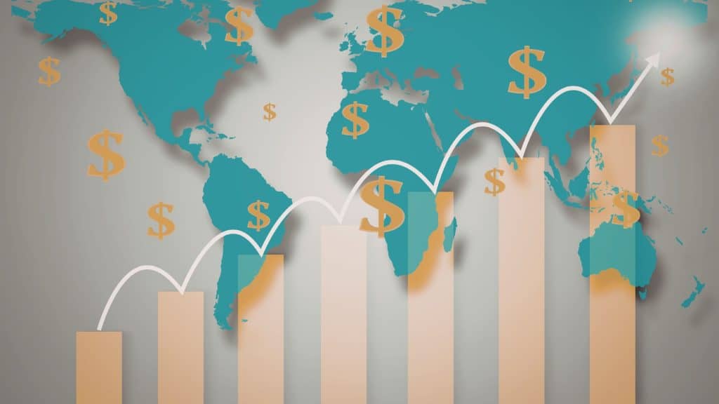 global financial growth illustrated with world map and dollar symbols