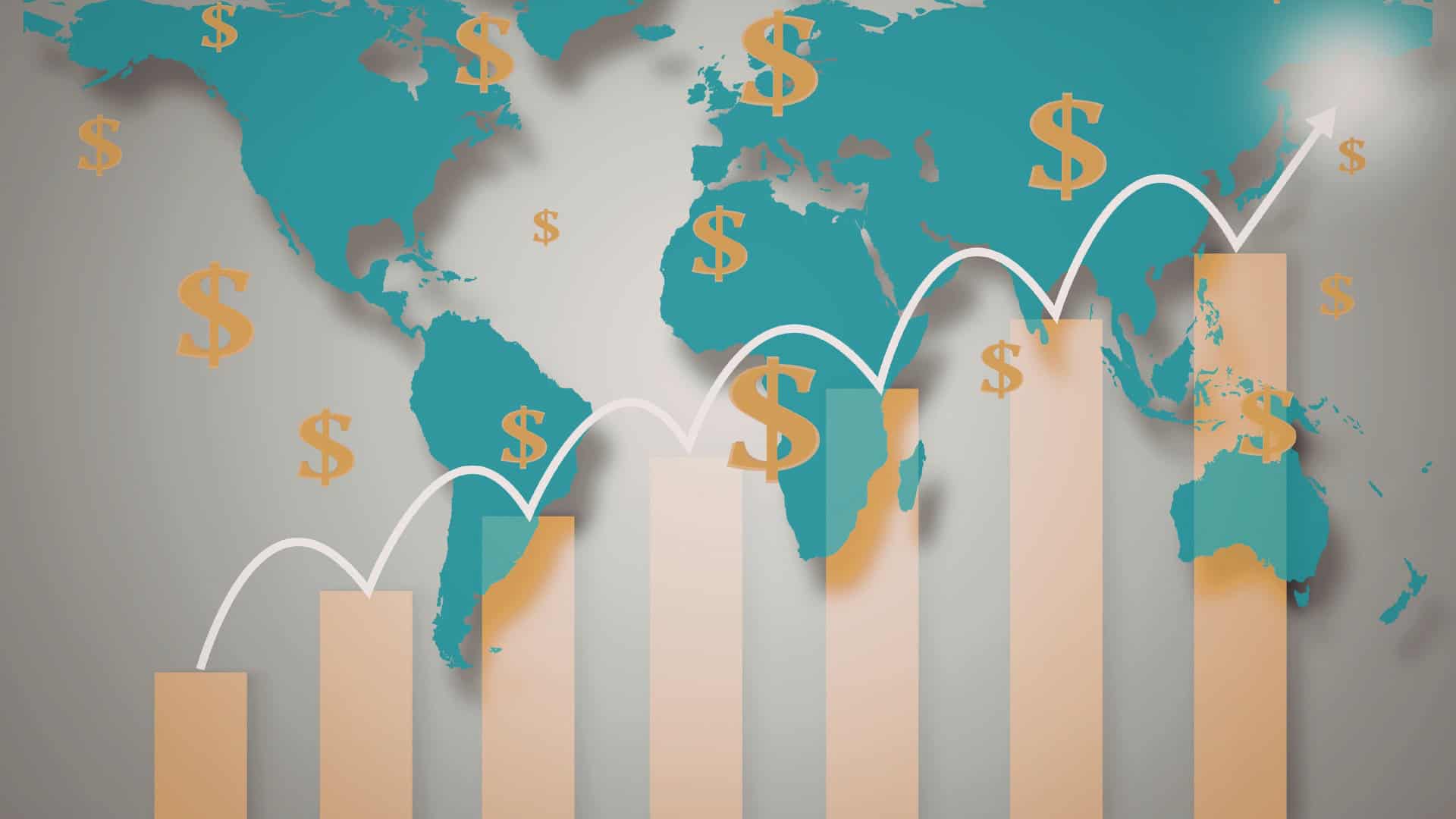 global financial growth illustrated with world map and dollar symbols