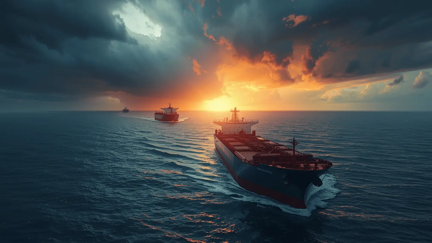 Cargo ships navigate rough waters at sunset as geopolitical tensions keep global shipping routes and energy markets in focus