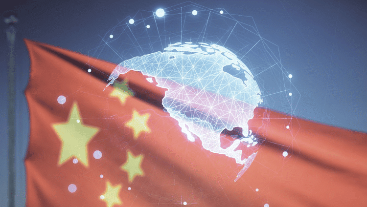 Digital globe overlay on China flag symbolising global connectivity