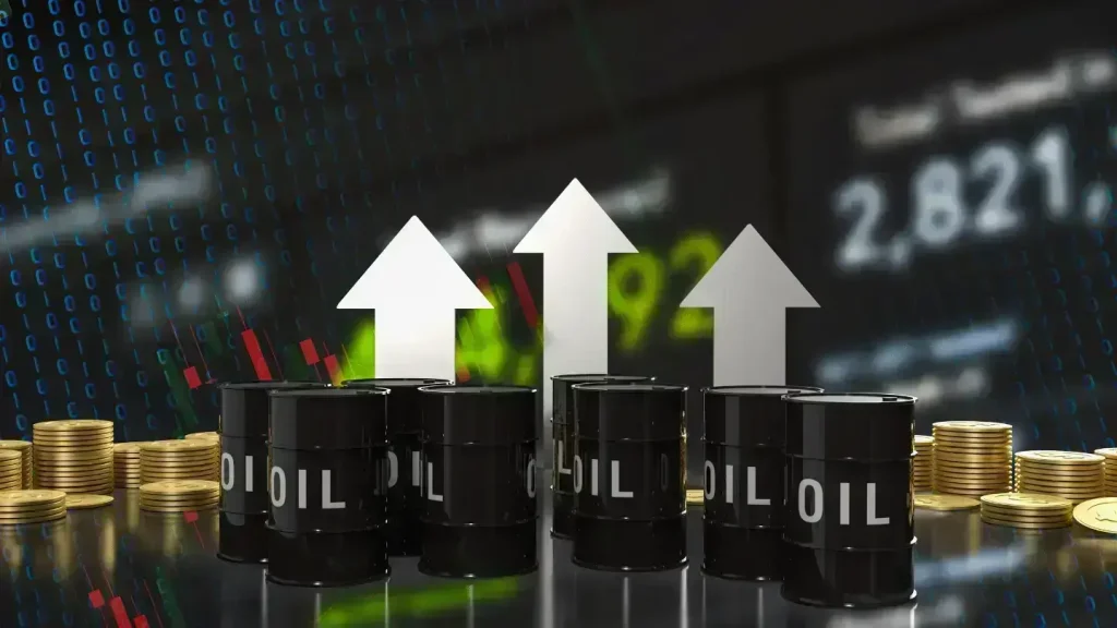 Oil barrels with upward arrows and rising market charts