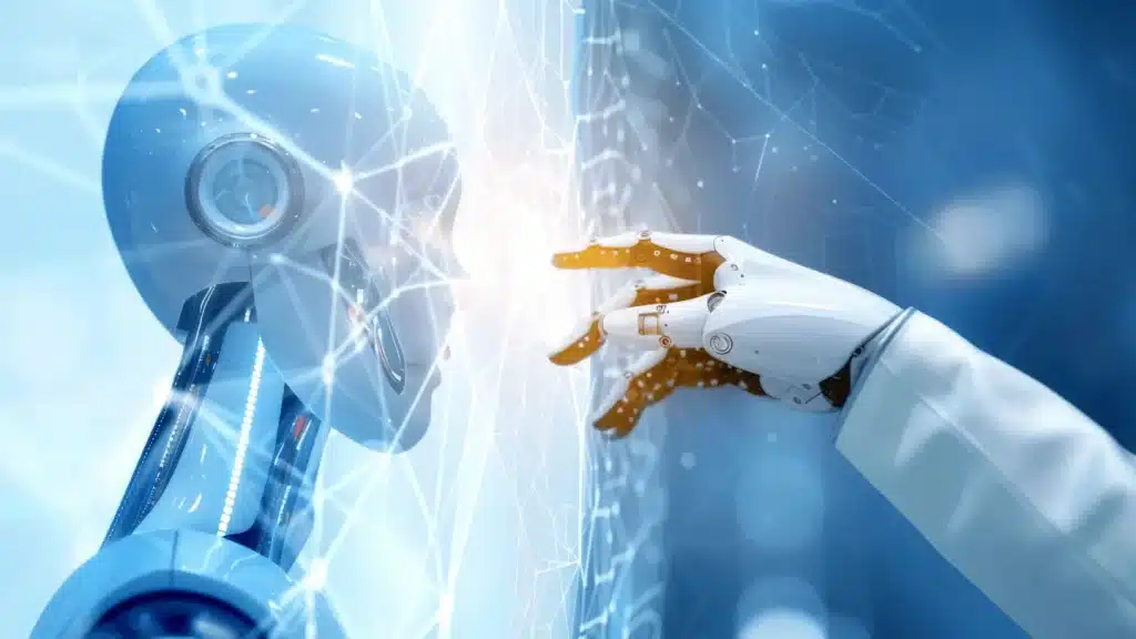 A futuristic humanoid robot and a robotic hand