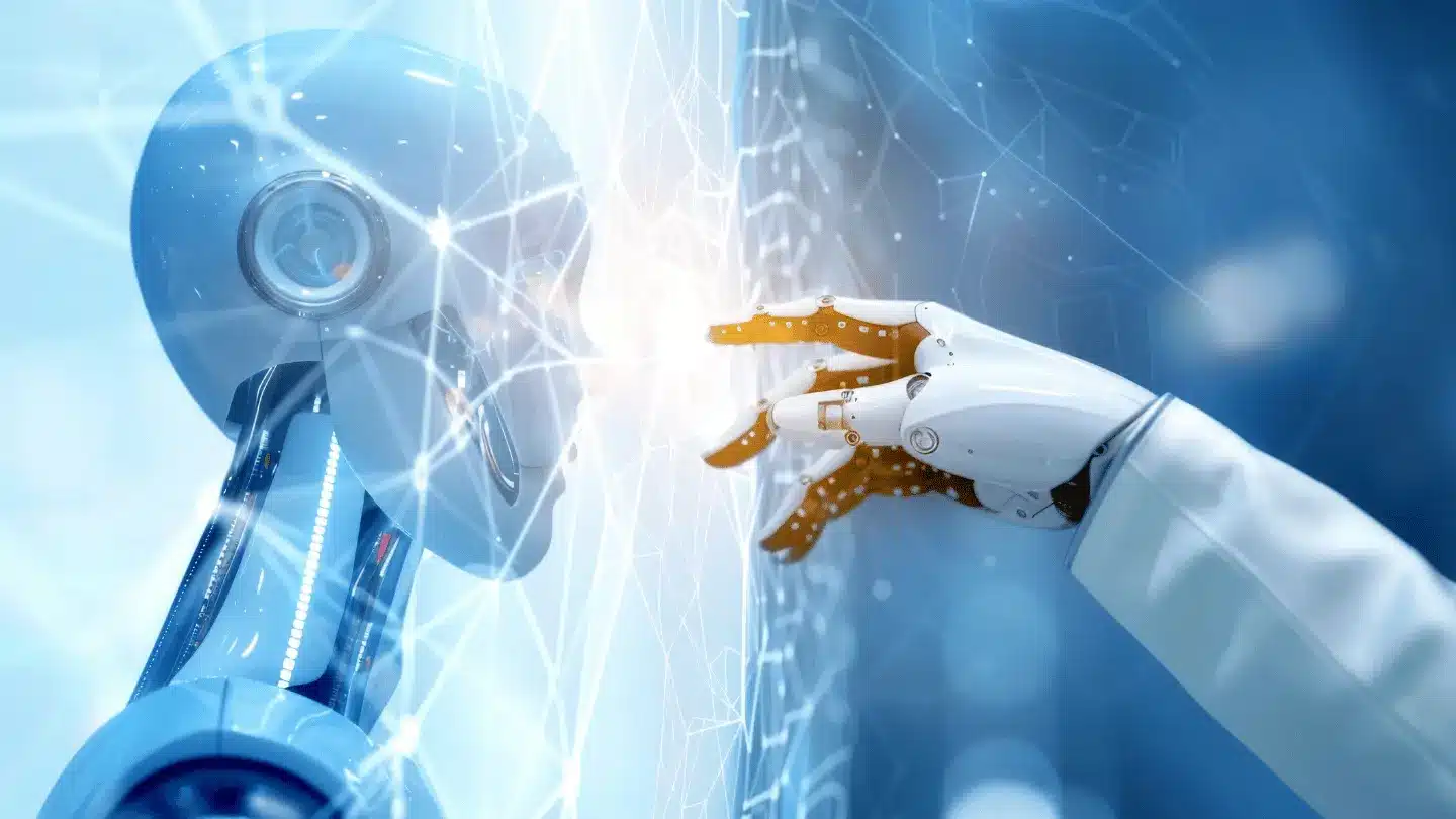 A futuristic humanoid robot and a robotic hand