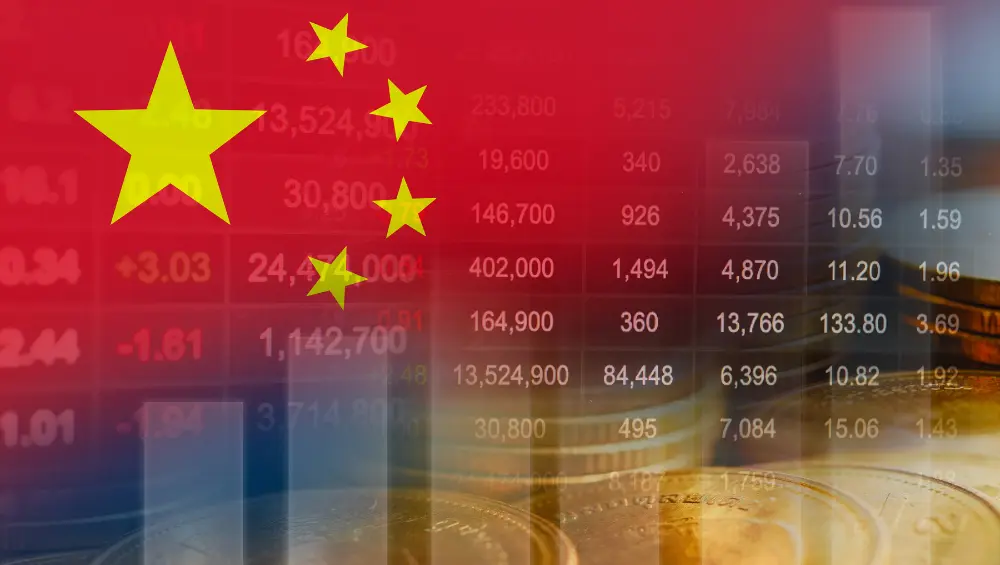 Illustration of the China flag overlaid on financial market charts and stock data, with coins and rising bar graphs representing China’s economy and capital markets.