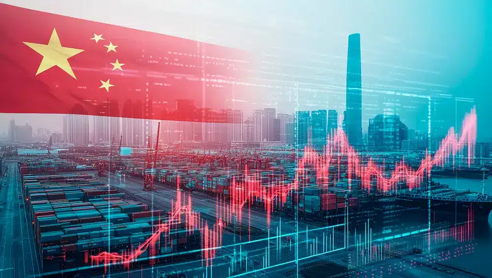 China flag overlaid on a shipping port, city skyline, and financial market charts representing China trade, logistics, and futures markets.