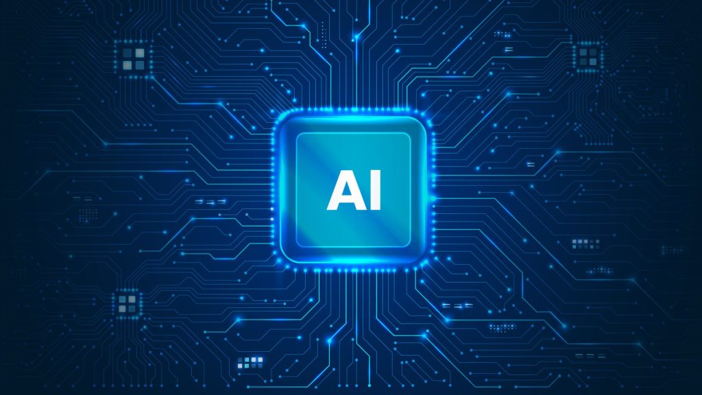 Artificial intelligence processor chip glowing in blue at the center of a futuristic circuit board, symbolizing AI computing power, machine learning, and advanced digital technology.