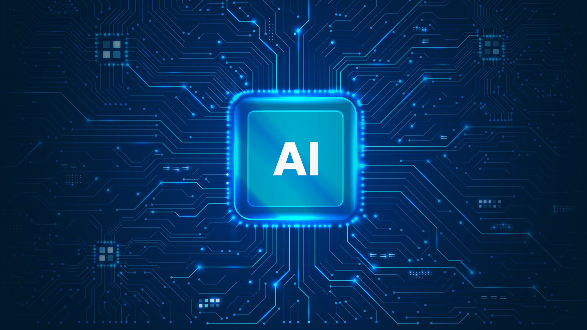 Artificial intelligence processor chip glowing in blue at the center of a futuristic circuit board, symbolizing AI computing power, machine learning, and advanced digital technology.