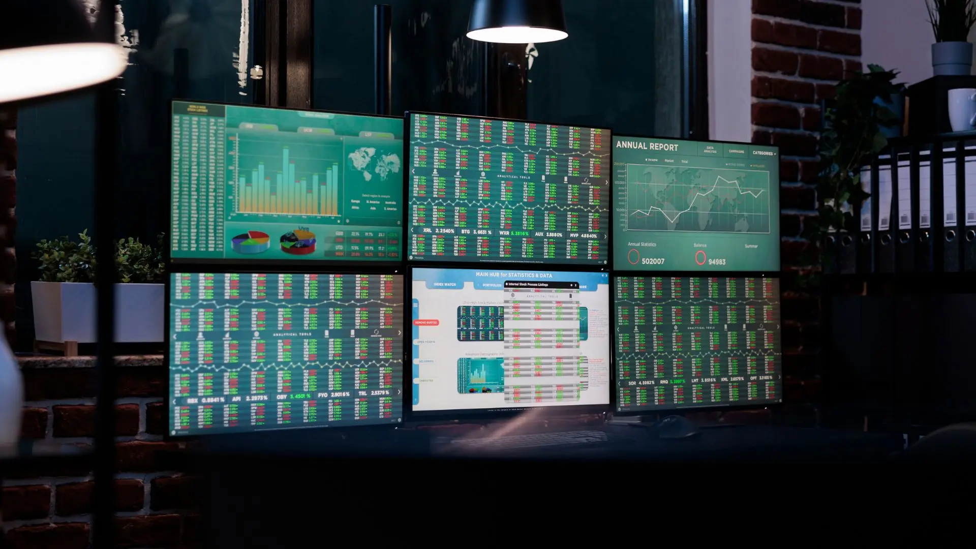 Multi-monitor trading workstation displaying real-time financial market data, stock charts, and analytics dashboards in a modern office environment.
