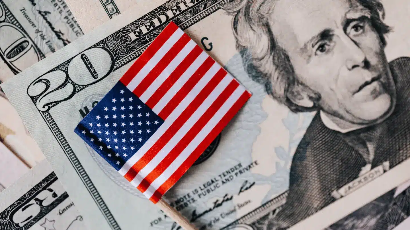 Set of USA dollars and national flag