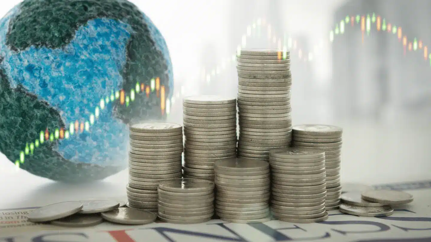 Stacks of coins and market indicators