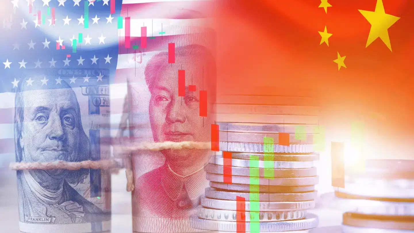 U.S. and China flags overlaid on currency
