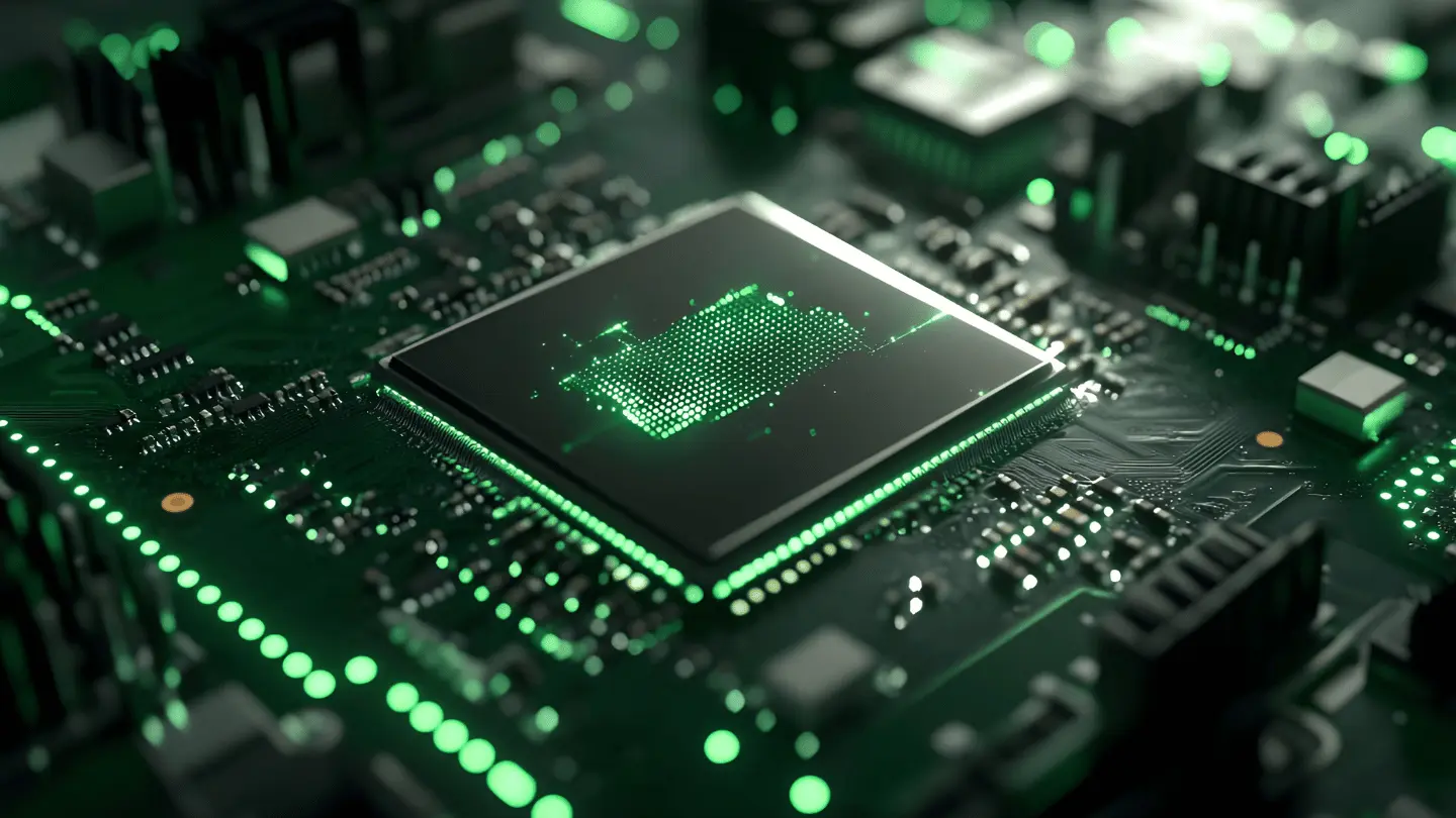 Ultra-detailed close-up chip on motherboard