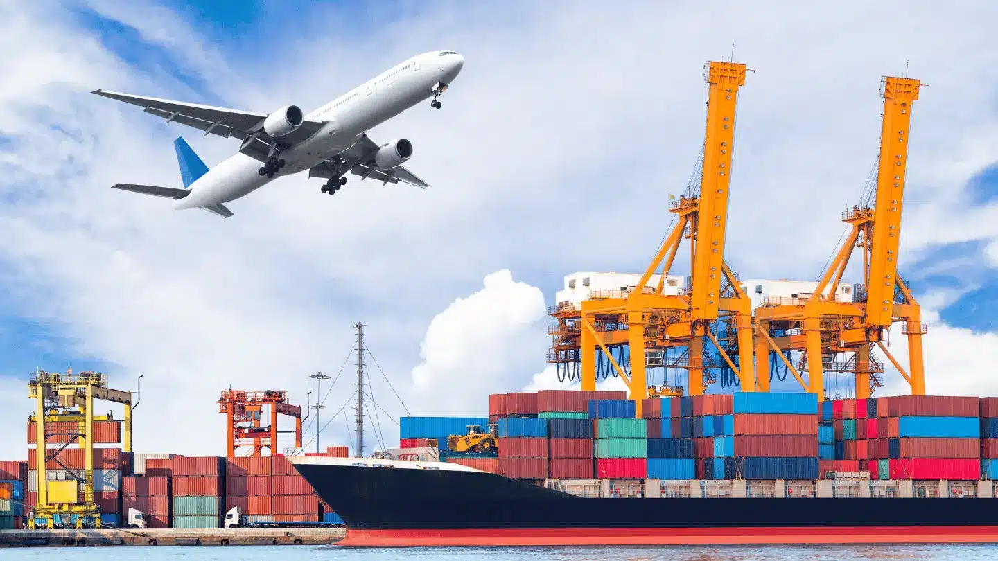 Container cargo freight ship with plane