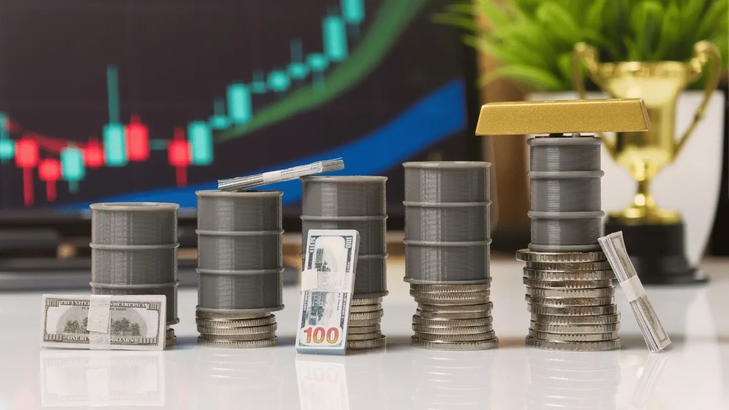 Oil Barrels, Cash and Gold Bar