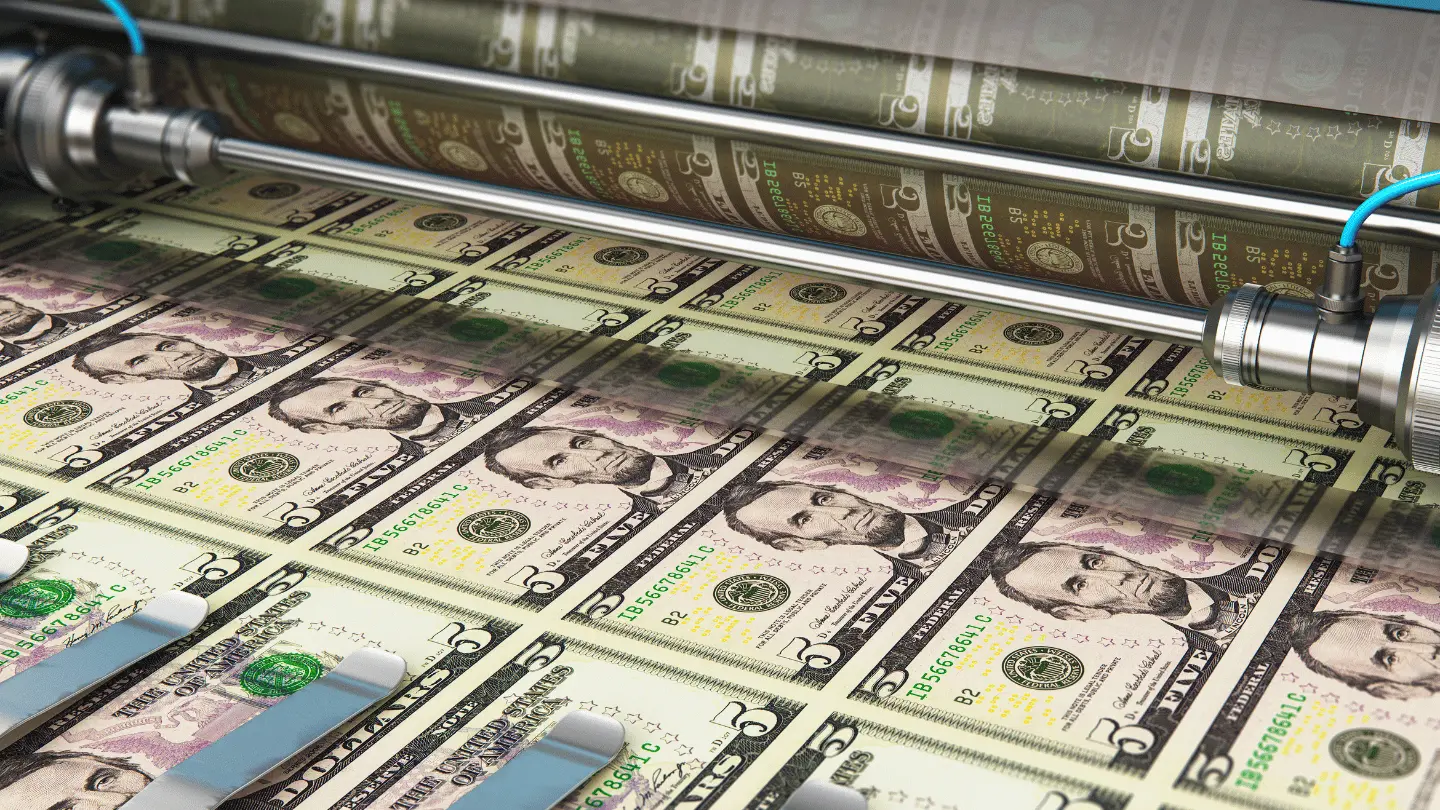 Printing 5 US dollar USD banknotes