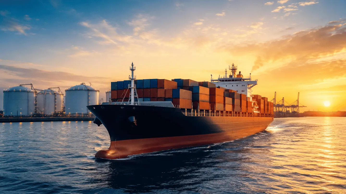 Container ship sailing past fuel storage tanks