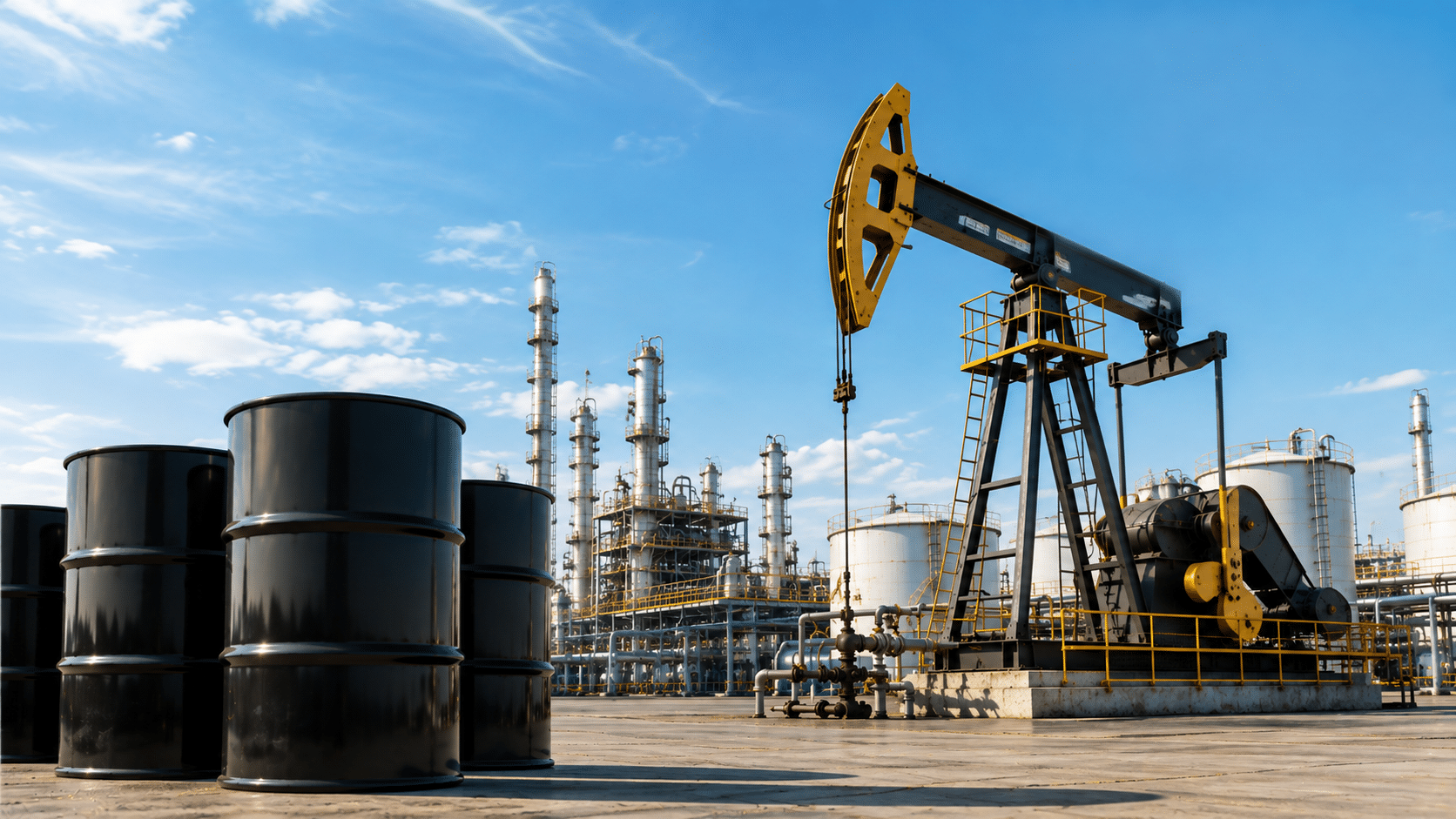 Oil barrels and pumpjack in front of an refinery