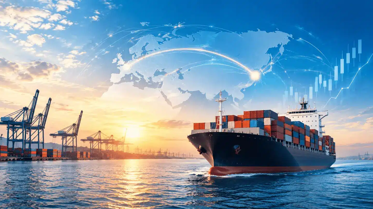 Container ship and global freight trade routes