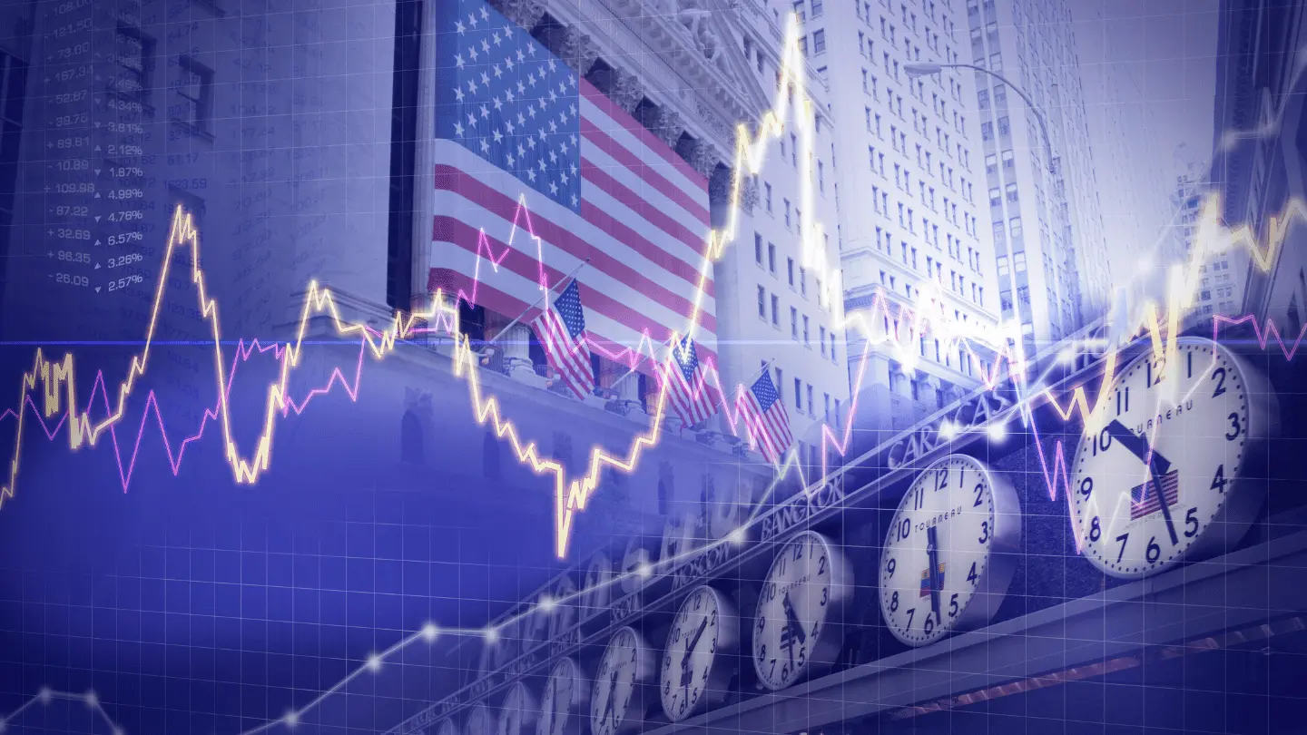 Stocks data overlap with USA flag